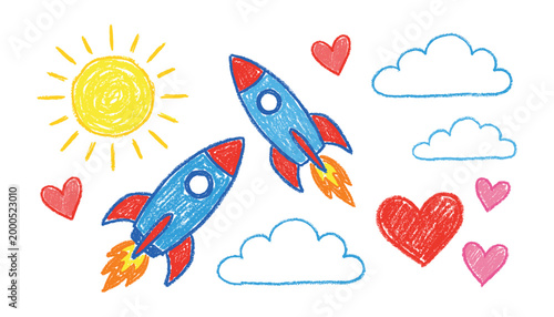 Childlike drawing of two rockets launching past clouds and hearts on transparent background vector.