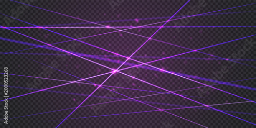 Neon purple laser intersecting beams bg with overlay effects and glowing particles on dark bg. Security scanner grid. Vector illustration with gradient mesh.