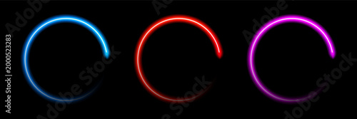 Set of neon circular buffering or download icons on black background. Red, blue and purple rotating line.  Vector illustration with gradient mesh and iverlay effect.