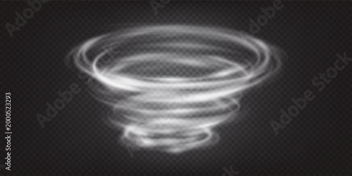 Tornado air swirl. Rotating wind whirlpool. Transparent vector illustration with gradient mesh and overlay effects. 