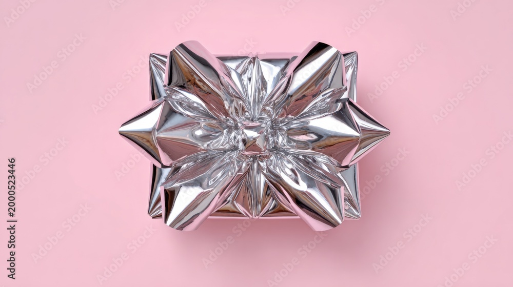 Fototapeta premium Shiny Metallic Gift Bow on Bright Pink Background for Celebratory Occasions and Festive Themes