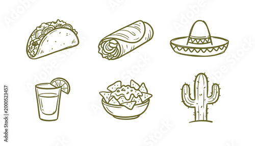 Mexican food vector icons, taco burrito sombrero cactus drink, transparent outline drawing.