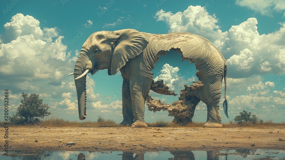 Fototapeta premium Conceptual wildlife illustration of an African elephant with a large hollow cavity in its body, standing on dry savanna terrain beneath clouds and blue sky