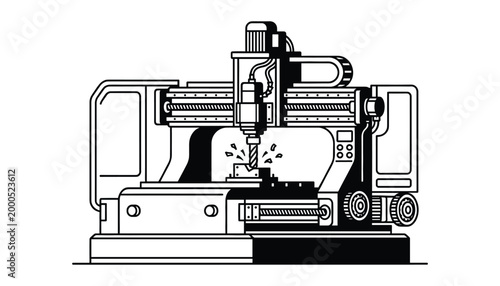 CNC milling machine working on metal object with coolant spray transparent background vector.