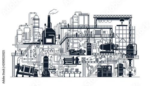 Complex industrial factory complex plant schematic vector transparent.