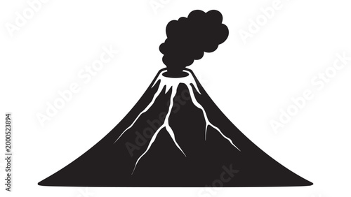 A black silhouette of a large erupting volcano with smoke and ash clouds for natural disaster and geology concepts