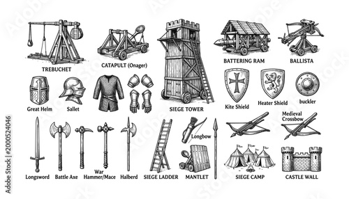 Medieval siege warfare weapons and armor set isolated transparent background vector illustration castle battle elements.