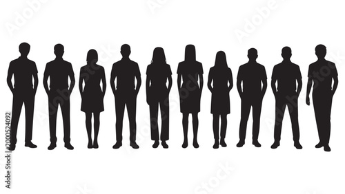 A long row of diverse men's and women's silhouettes standing together, representing a global population or community group