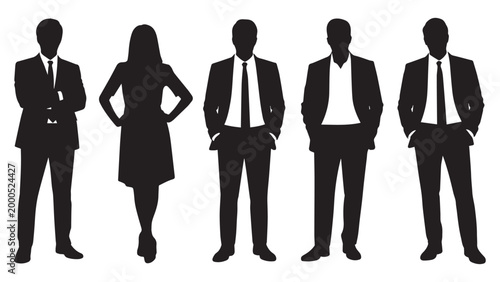 Detailed silhouettes of five professionals including a woman in a dress and men in business suits for career concepts