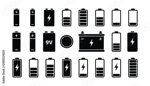 Battery collection vector icons transparent background various types power energy cells isolated on checkered grid background.