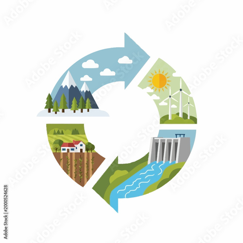 Renewable energy cycle illustration showing wind turbines, solar power, hydroelectric dam, and agriculture.