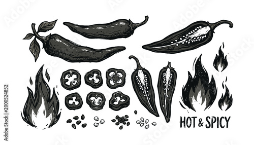 Hot and spicy chili pepper illustrations with flames and seeds, ideal for food branding and labels.