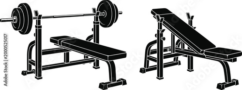 Black-and-white illustration of flat and incline bench press setups with barbell racks, highlighting strength training variations for chest, shoulders, and arms