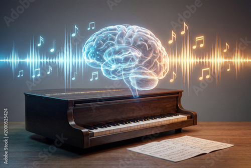 Photo realistic scene of piano keys and sheet music with a glowing holographic neural network and musical notes, representing artificial intelligence music generation and creative technology.