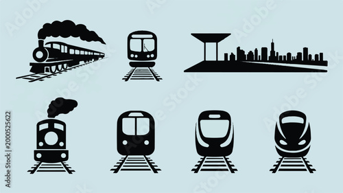 black and white train icons on light blue background