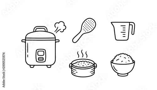 Set of rice cooker vector icons on transparent background, illustration of cooking equipment.