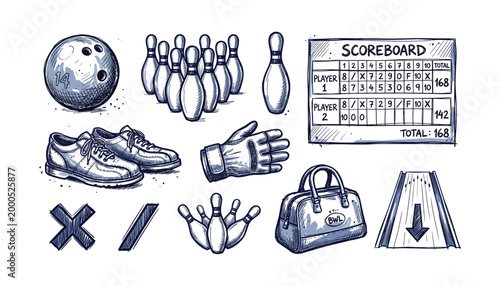 Hand drawn sketch of bowling equipment and scoreboard on transparent background vector illustration.