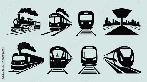black silhouettes of various trains and locomotives on tracks and rails on gray background