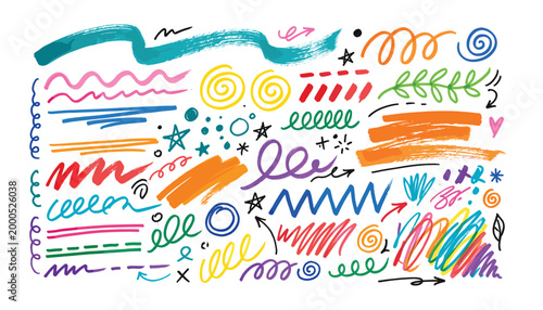 Colorful abstract hand drawn doodle vector shapes on transparent background, creative elements.