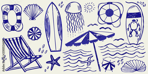 Tableau sur toile hand drawn beach elements collection in blue ink