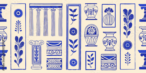 ancient greek motifs in blue line art on beige background