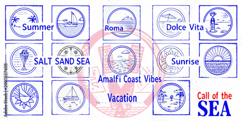 summer holiday icons with beach scenes and text labels