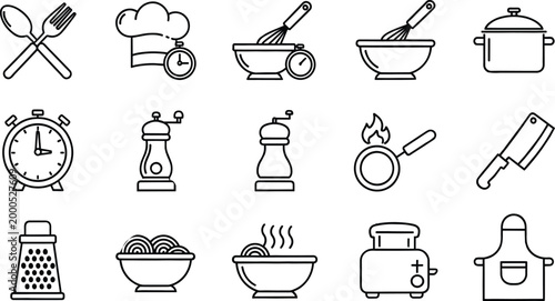 "Set of Black and White Kitchen Tools and Cooking Equipment Icons for Culinary, Food, and Restaurant Projects"