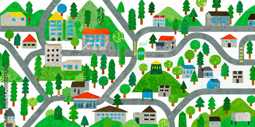illustration of colorful houses and trees in a community