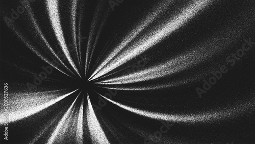 Stippled radial rays spreading outward from dark center in smooth curved motion. Radiating lines expand from central point forming dynamic energy flow and optical depth. Dotwork. Pointillism. Vector