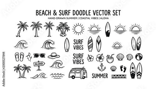Beach and surf doodle vector set with palm trees waves surfboards sun shells.