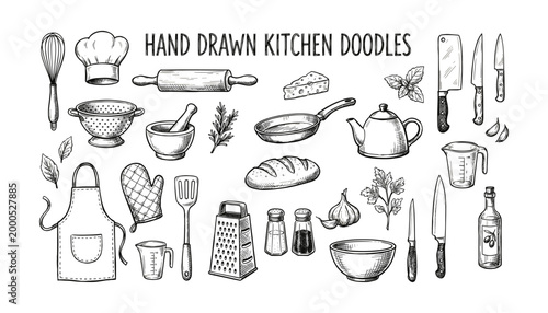 Hand drawn kitchen doodles vector set with utensils appliances cookware ingredients.