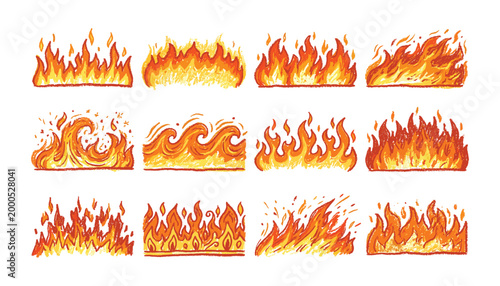Collection of stylized fire flames and burning elements in bright colors for design elements vector illustration.
