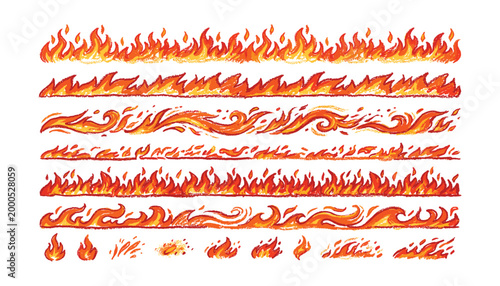 Decorative fire border patterns and flame elements for graphic design projects in vibrant colors vector illustration.