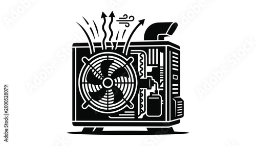 Air conditioning unit icon in silhouette with fan and airflow for cooling and ventilation technology vector illustration.