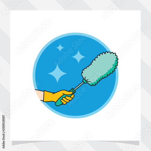 hand with yellow rubber glove holding feather duster, cleaning brush, dust brush vector illustration.