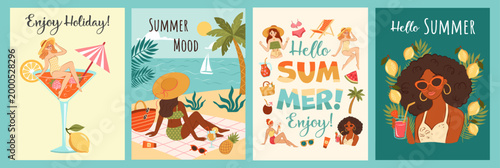 Hello Summer collection set with girls, women, cocktails, fruits lemons for banners and more on white background