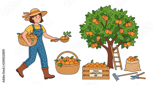 A smiling female farmer in a straw hat and overalls harvests fresh, ripe apricots into a basket, demonstrating a successful and abundant fruit harvest season.