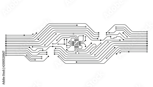 Advanced circuit board with central chip, technology vector abstract design on transparent.