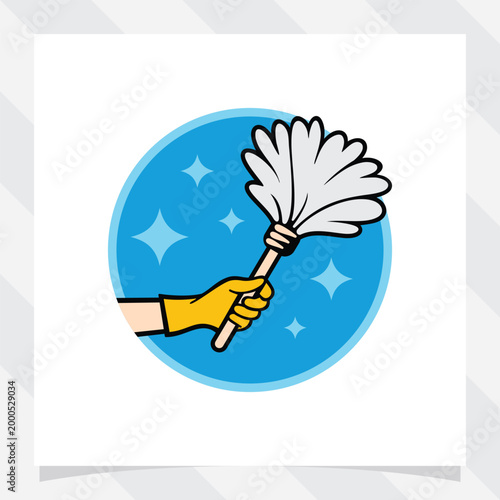 hand with yellow rubber glove holding feather duster, cleaning brush, dust brush vector illustration.