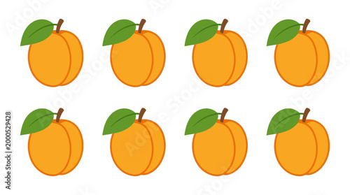 Multiple orange peaches with vibrant green leaves are arranged in a neat grid pattern to display a repeated healthy fruit design for everyone