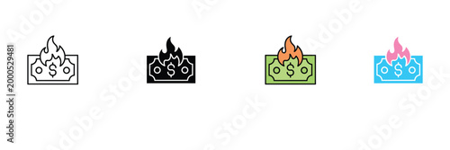 Burning Money Icon for Economic Inflation, Financial Loss, Currency Crisis, and Budget Deficit Concept. Symbol Vector Illustration.