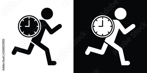 Vector icon of a person running with a clock, symbolizing time management, deadlines, punctuality, and rushing against time. Perfect for business, productivity, and schedule-related designs.