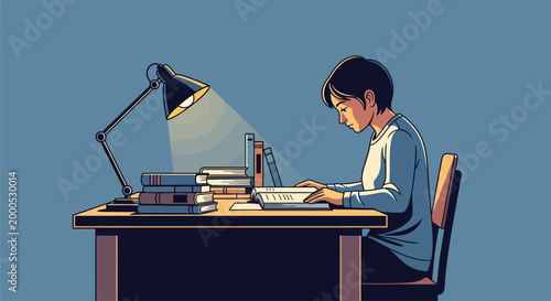 A student diligently studying at a desk under a lamp, surrounded by books and a laptop, focused on their work in a quiet, dimly lit room