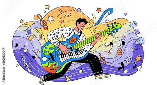 Energetic musician playing a vibrant electric guitar surrounded by colorful musical notes and abstract wavy patterns, a lively illustration of a person enjoying music