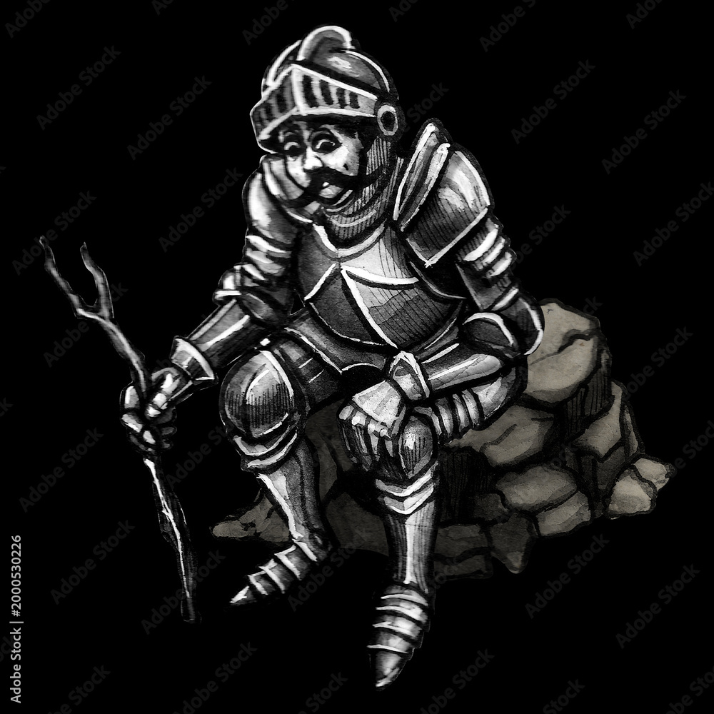 Obraz premium Hand Painted Watercolor Medieval Knight Resting on a Stone Wall with a Wooden Staff, Traditional Fantasy Illustration
