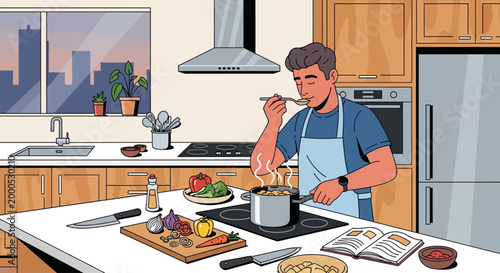 Man cooking healthy food in a kitchen, tasting his meal with eyes closed in enjoyment and satisfaction