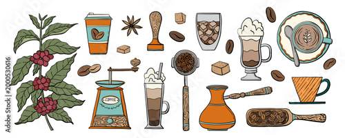 Crayon drawn coffee set. Cute cafe menu doodle elements vector. Hand drawn collection of coffee, pancakes, croissant, character, coffee maker,cups. Isolated illustrations.