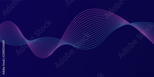 Abstract purple blue combination glowing wave lines on dark blue background.