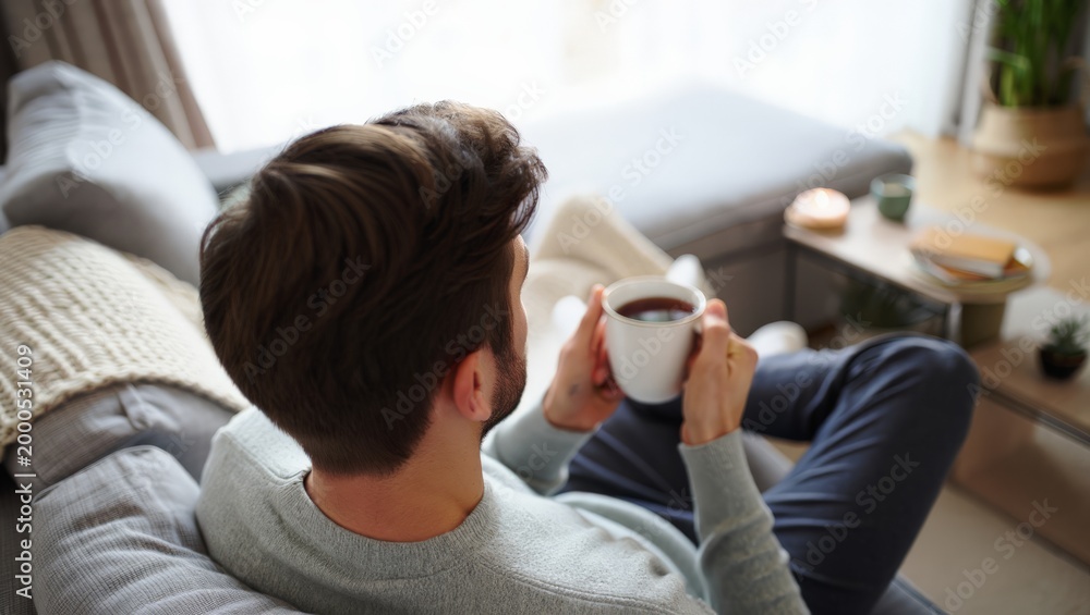 Obraz premium A serene scene of a man enjoying a cup of coffee in a cozy living room setting.