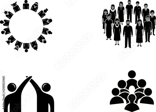 Black silhouette icons depicting teamwork collaboration and group dynamics